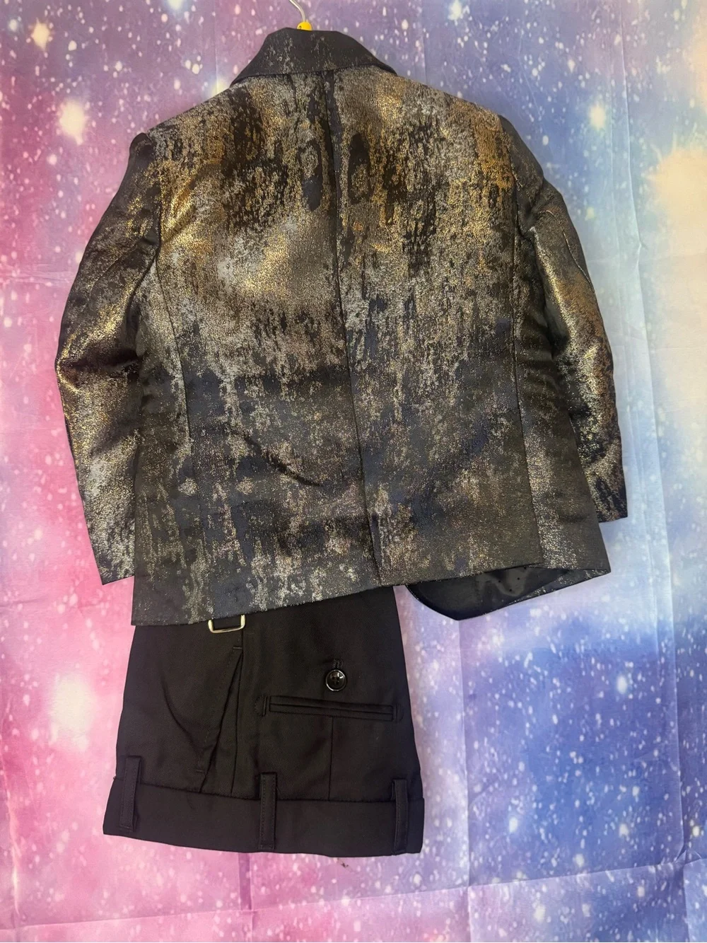Geoffrey Beene boy's sparkle tuxedo jacket in black and gold with black pants